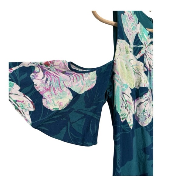 Anthropologie X Maeve Elia floral open Shoulder Petal Sleeve dress size 14 Teal - Picture 4 of 14